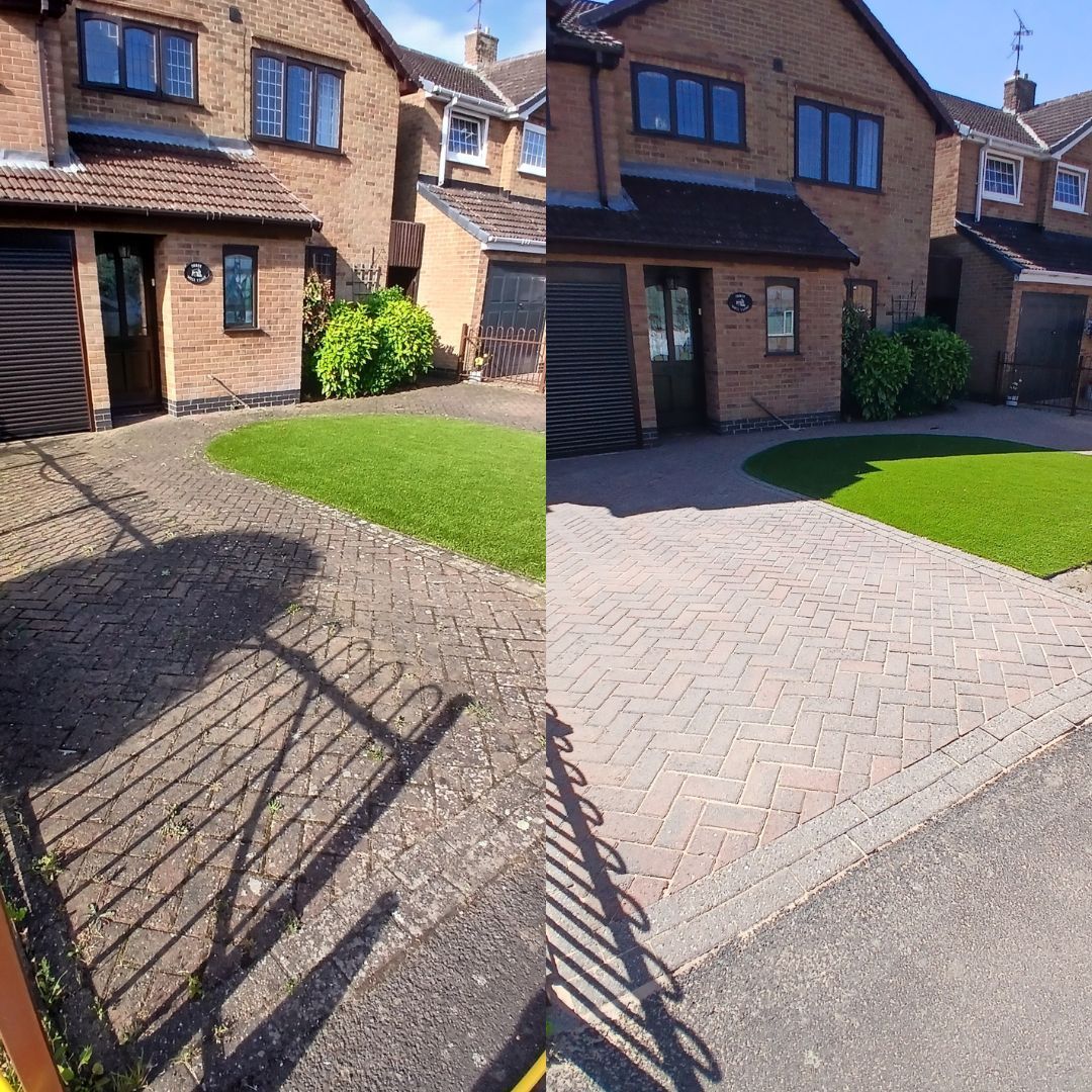 Residential block paved driveway before and after pressure washing
