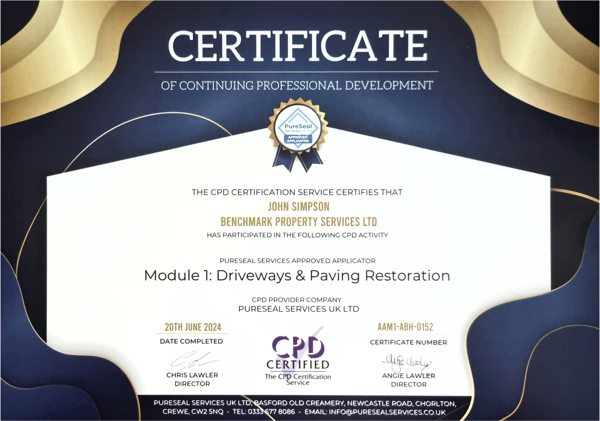 PureSeal - Driveway & Paving Restoration - CPD Certificate - John Simpson
