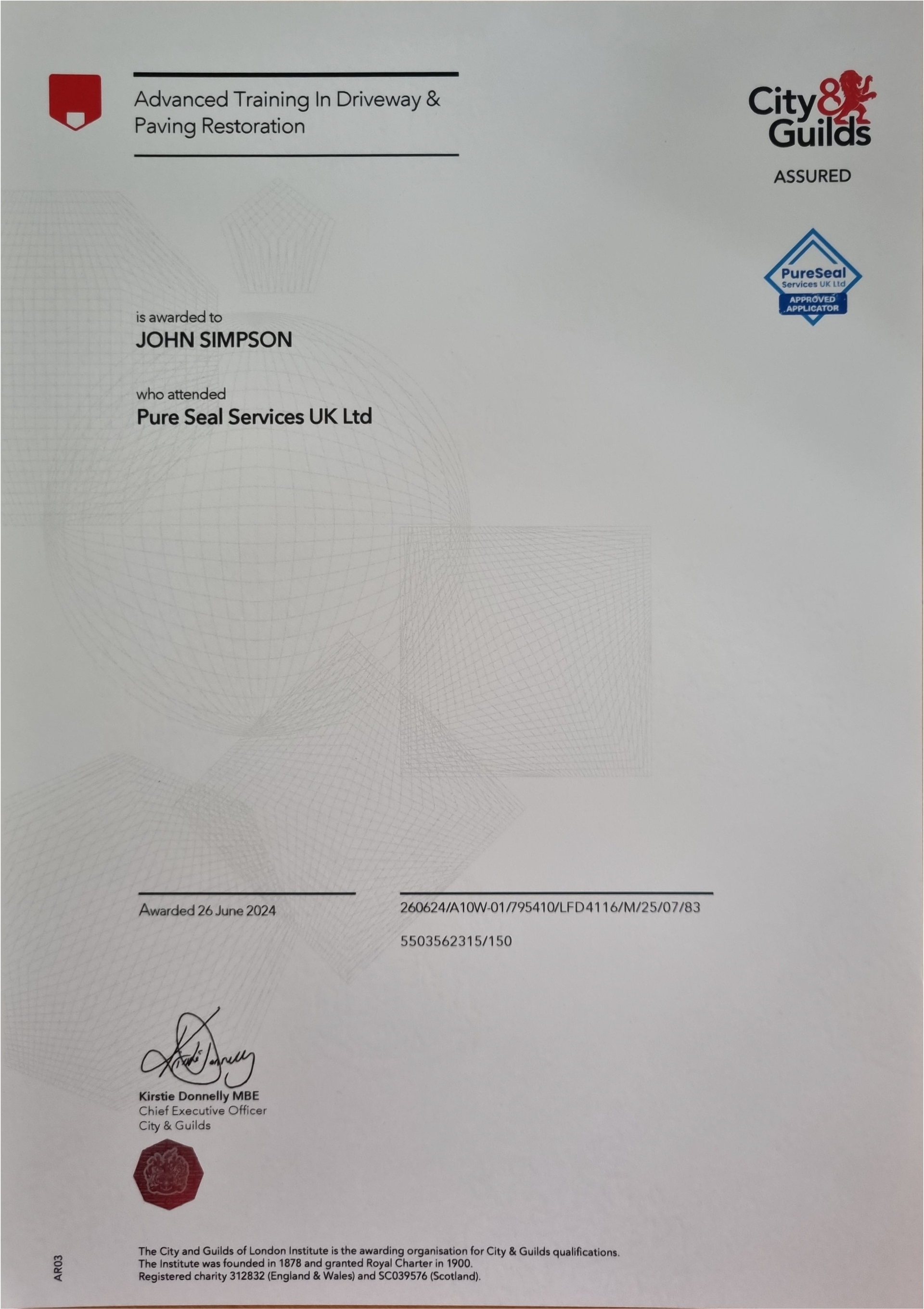 PureSeal - Driveway & Paving Restoration - City & Guilds Certificate - John Simpson