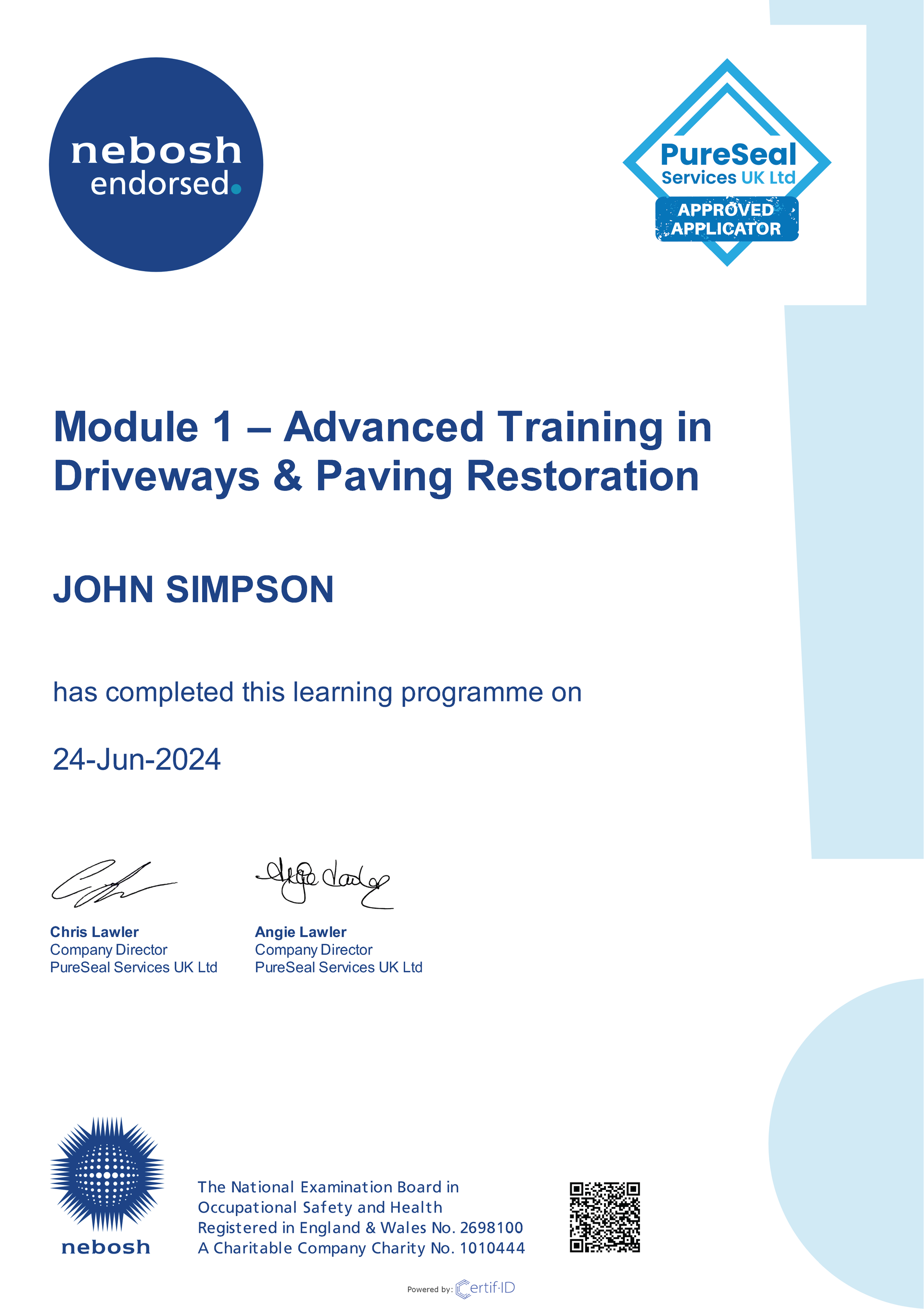 PureSeal -  Driveway & Paving Restoration - Nebosh Certificate - John Simpson