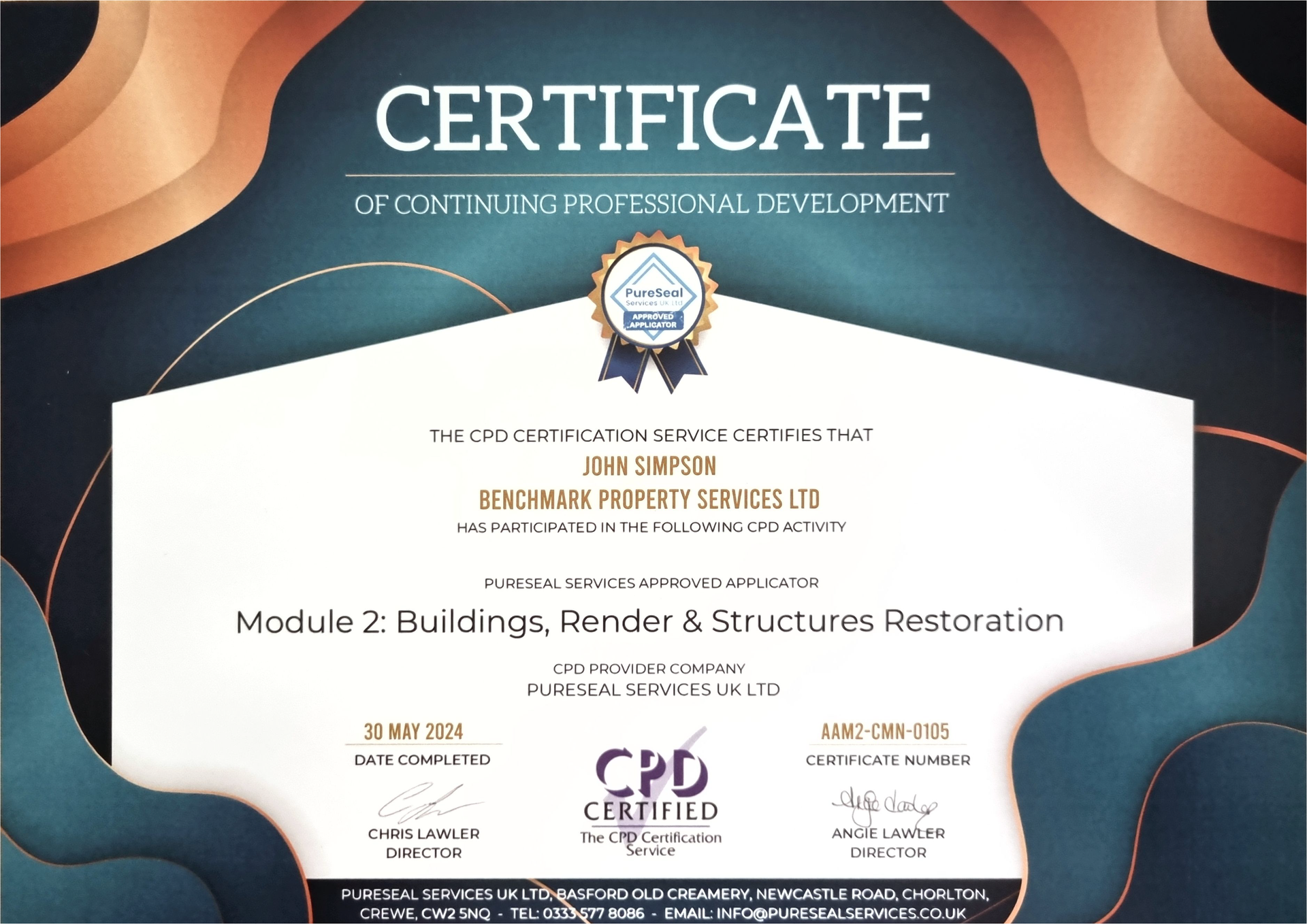 PureSeal - Buildings, Render & Structures Restoration - CPD Certificate - John Simpson