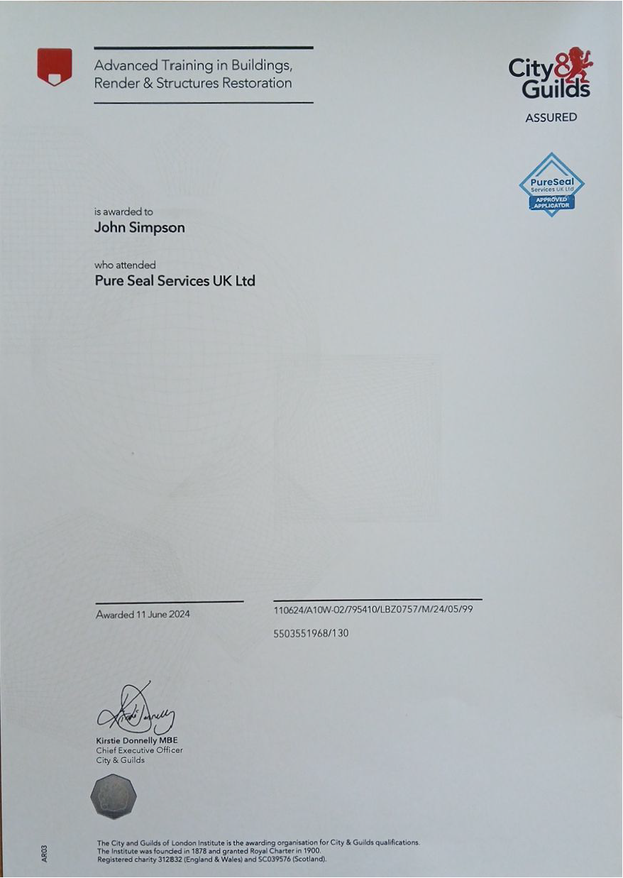 PureSeal - Buildings, Render & Structures Restoration - City & Guilds Certificate - John Simpson