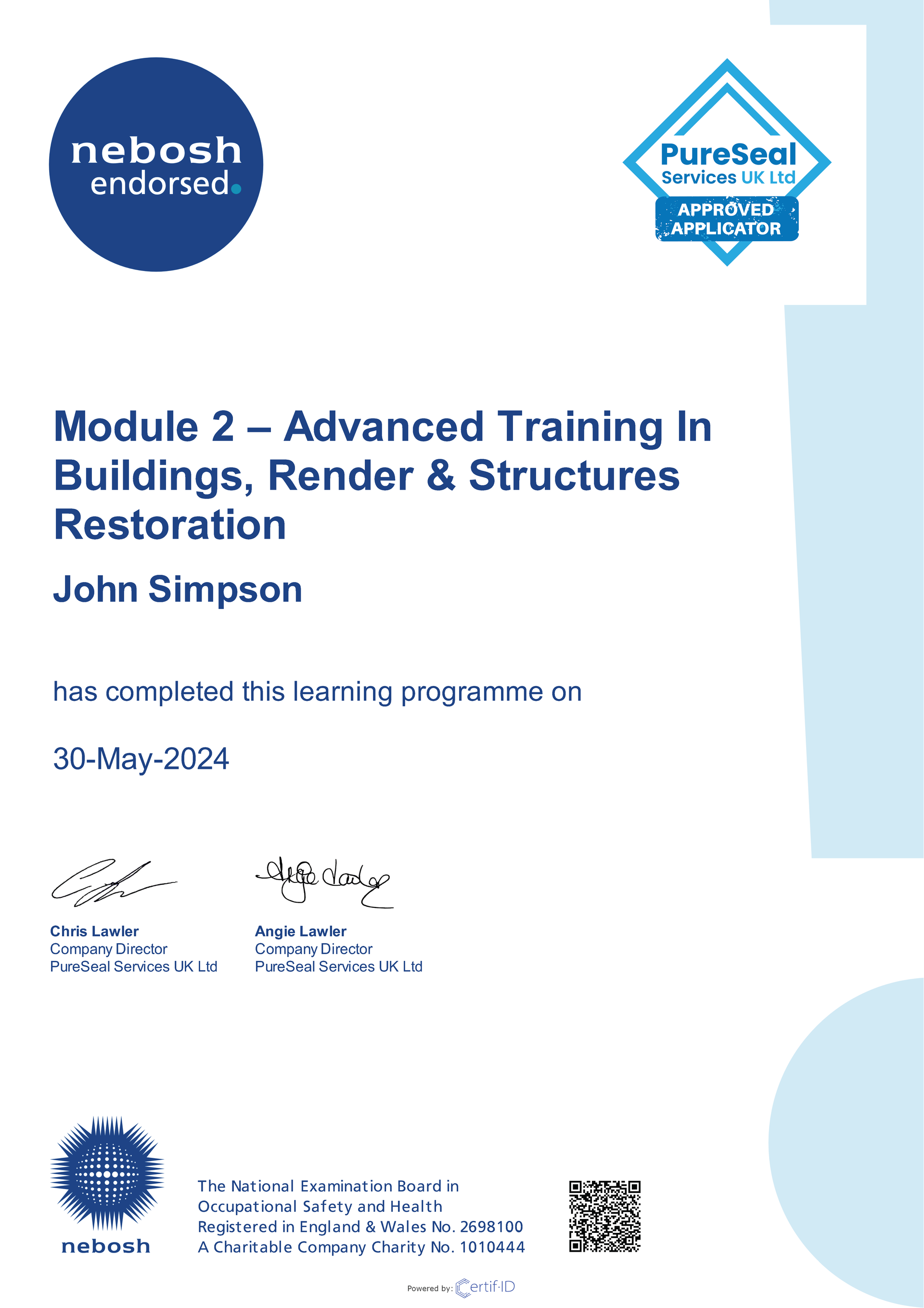 PureSeal - Buildings, Render & Structures Restoration - Nebosh Certificate - John Simpson