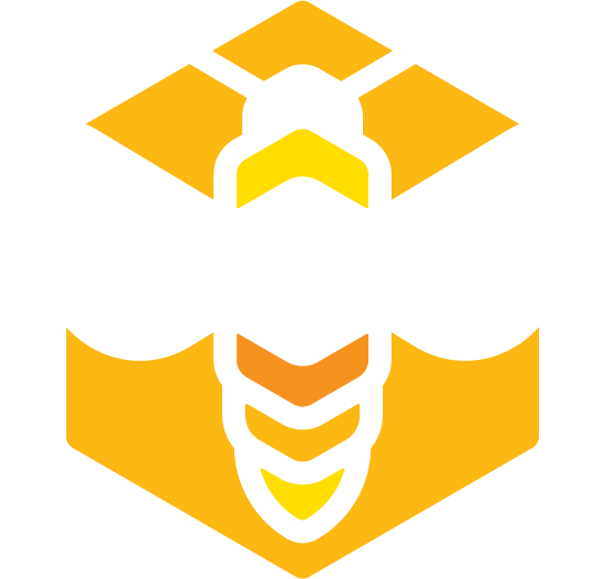 Yellow and white stylized bee icon inside a hexagon.