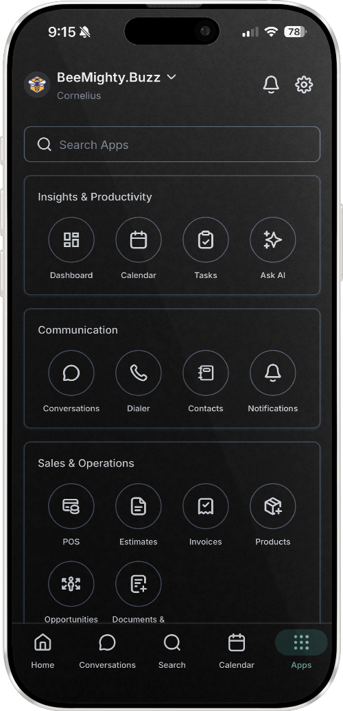 Smartphone screen displaying a dark-themed app with several menu options, and icons.