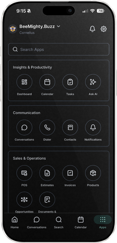 Smartphone screen displaying a dark-themed app with several menu options, and icons.
