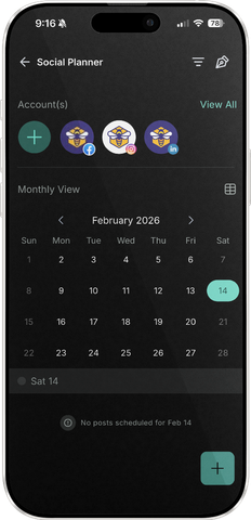 Mobile app displaying a social planner with a calendar for February 2023. Selected date is 14.