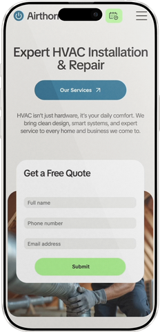 Mobile screen displaying HVAC service offering, with a form for a free quote.