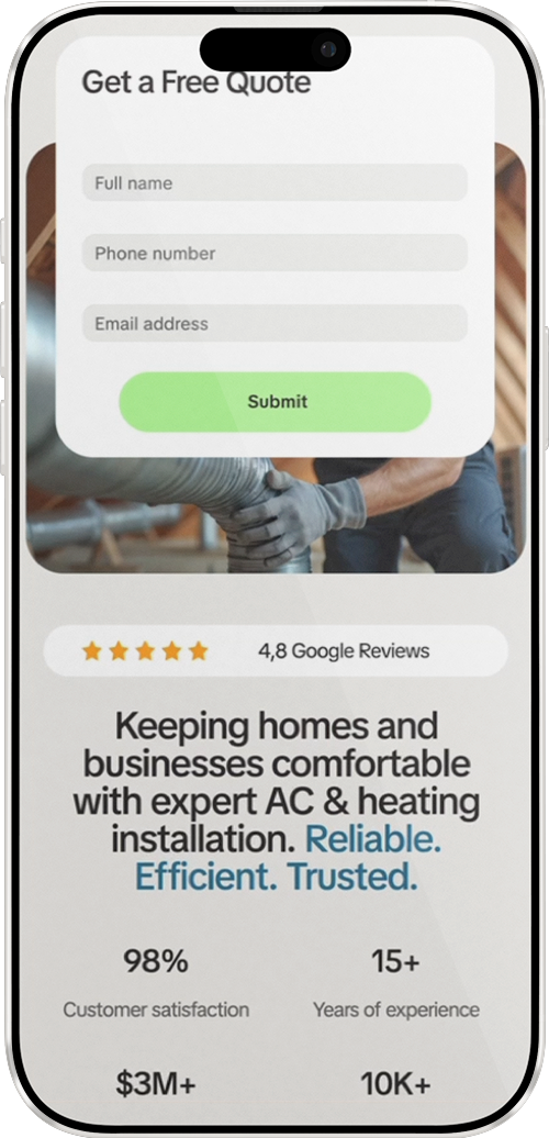 Mobile screen with a form for a free quote; a headline about air conditioning services is shown.