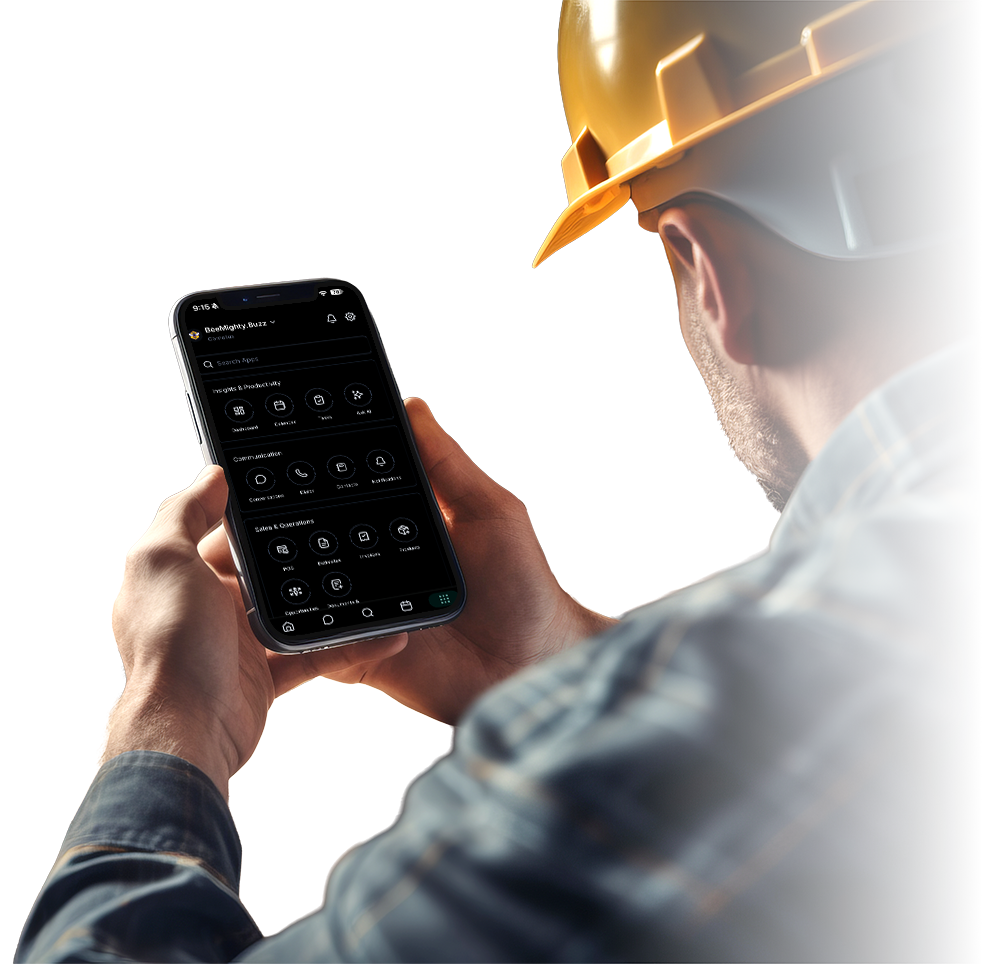 Person in a hard hat holding a phone, looking at the screen. The screen displays icons, likely an app.
