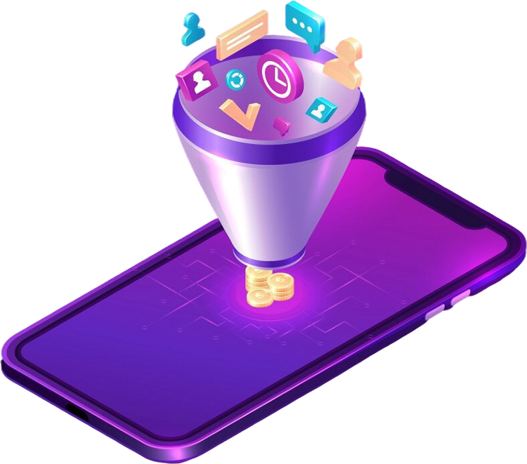 Funnel pouring digital icons into a smartphone; purple and silver tones.