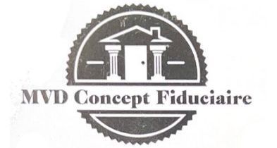 Logo : MVD Concept Fiduciaire. Emblème circulaire avec maison, piliers et texte.