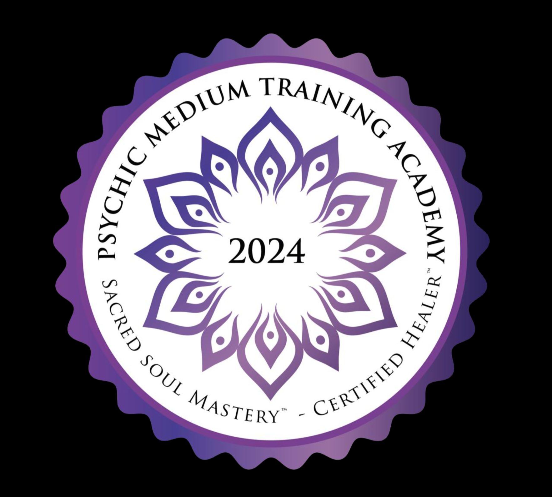 A purple and white logo for the psychic medium training academy.