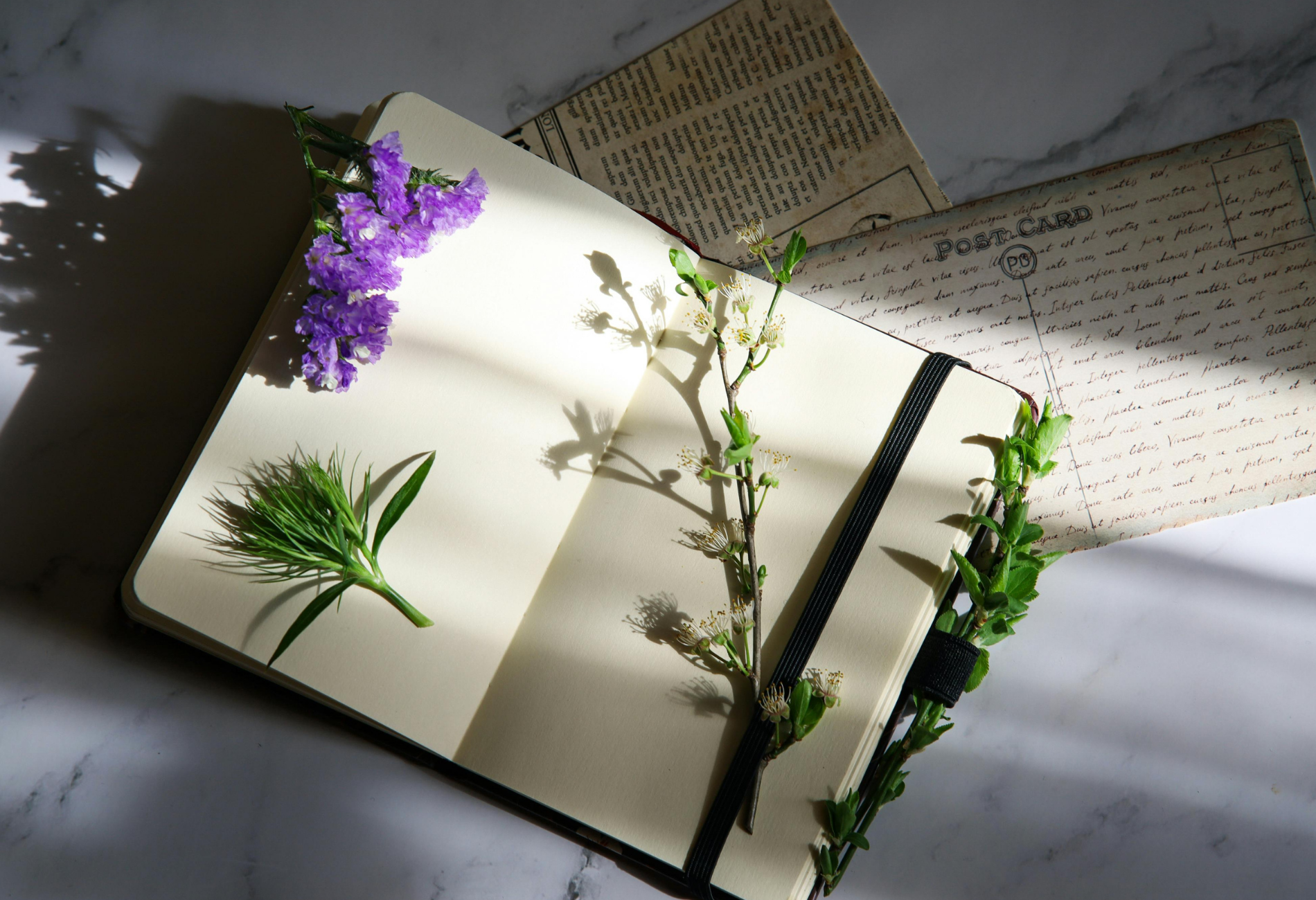 A notebook with a purple flower on top of it