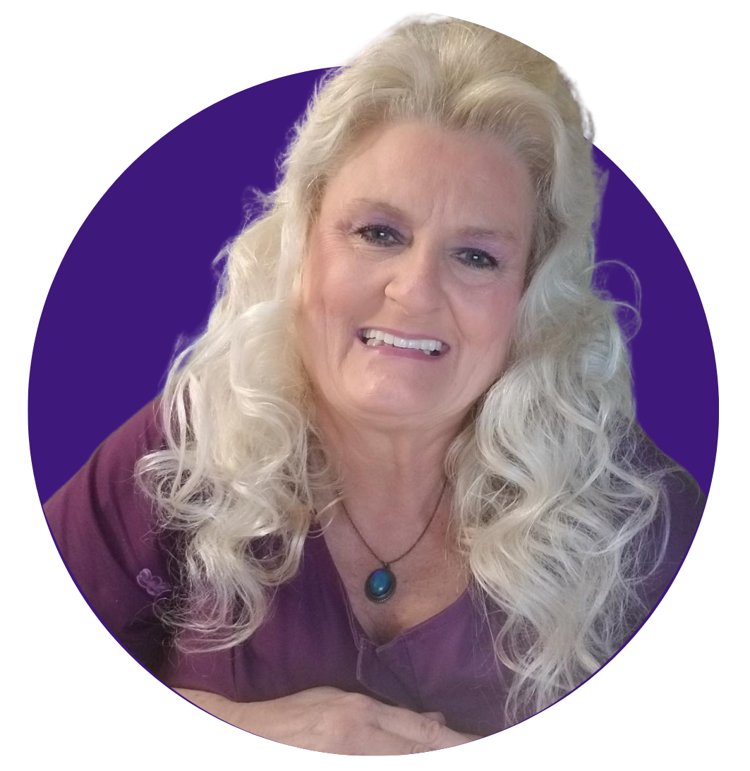 A woman with blonde hair is smiling in a purple circle