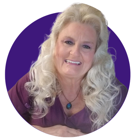 A woman with blonde hair is smiling in a purple circle