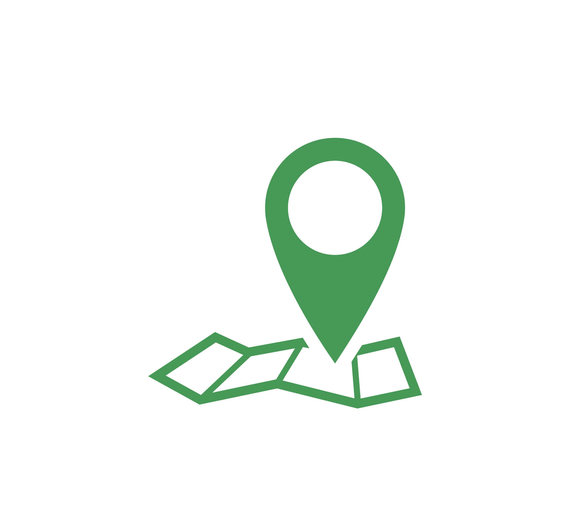 A green map pin is sitting on top of a map.