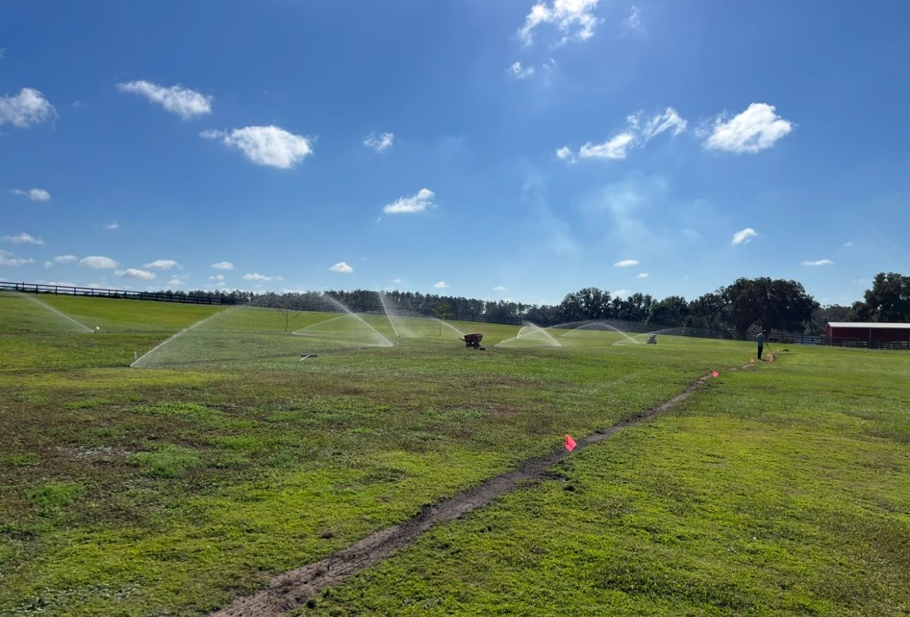 A field with sprinklers spraying water on it on a sunny day.