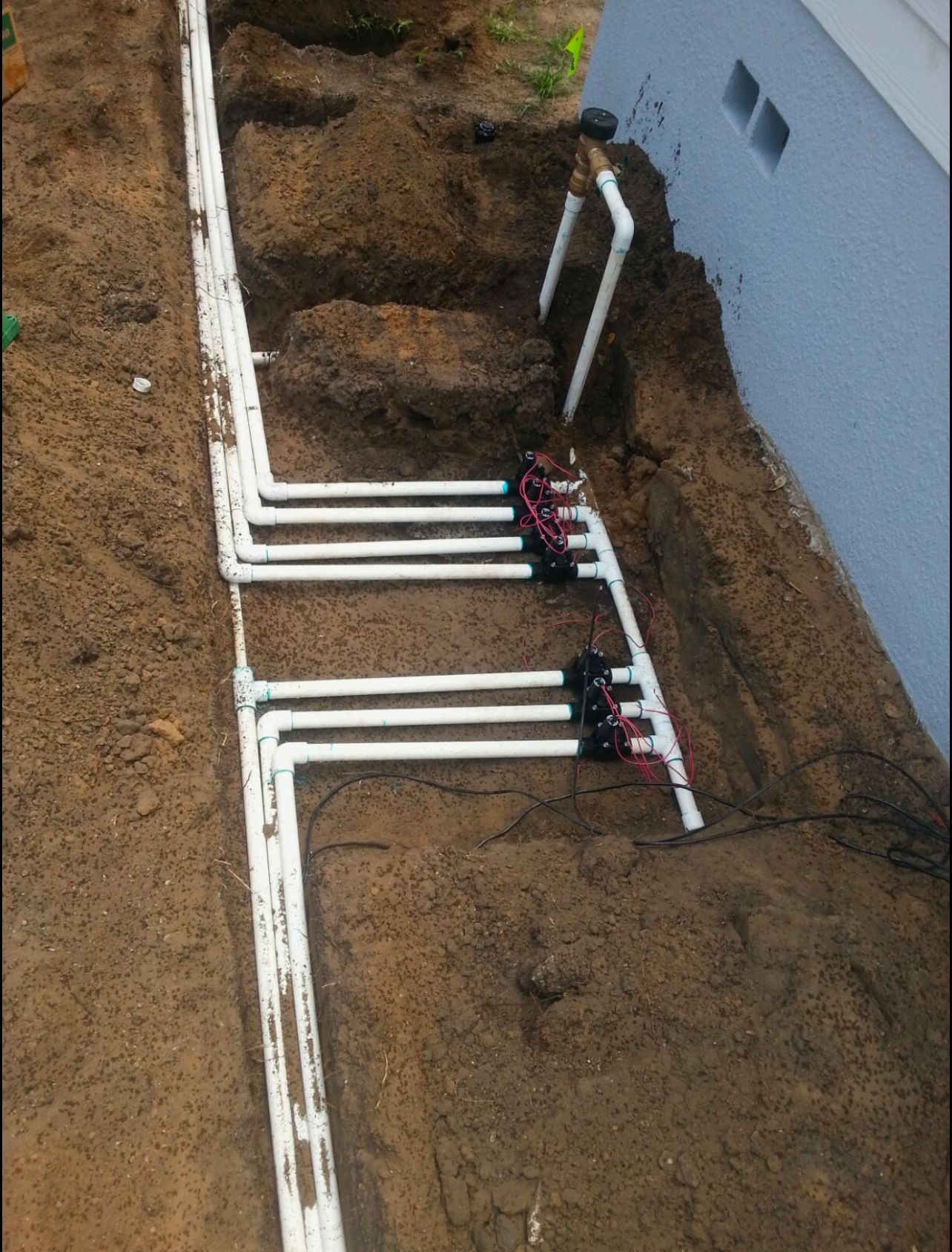 A bunch of white pipes are laying in the dirt