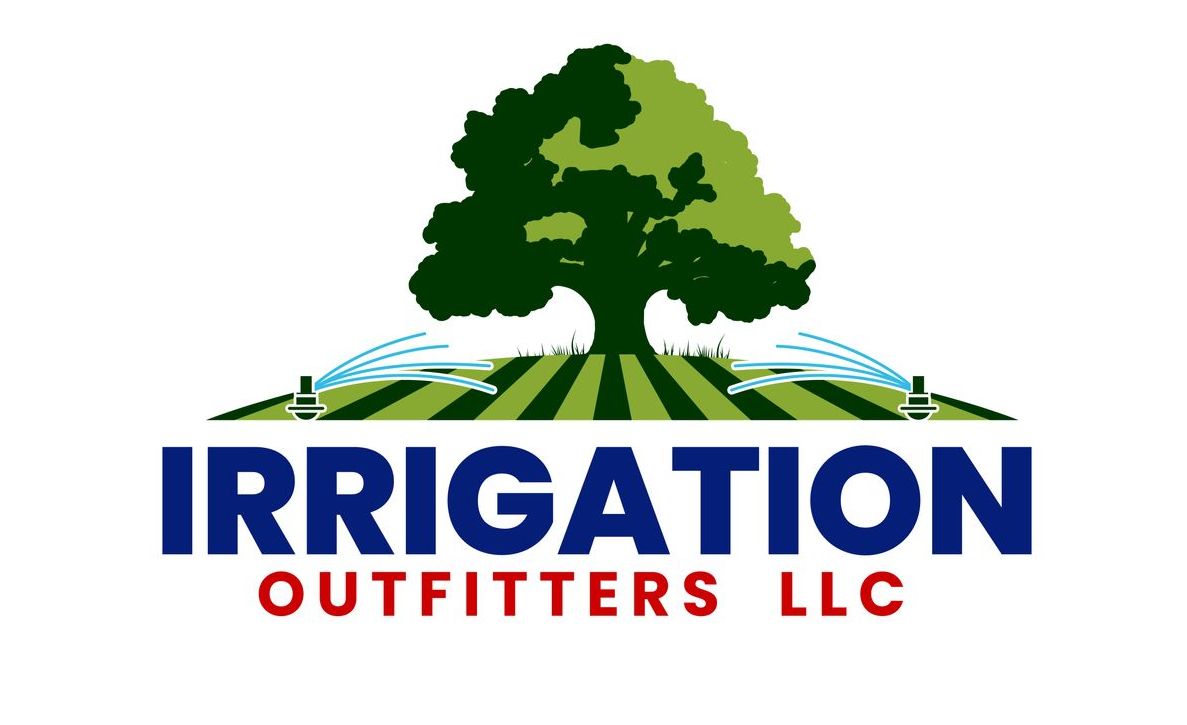 A logo for irrigation outfitters llc with a tree in the middle of a field