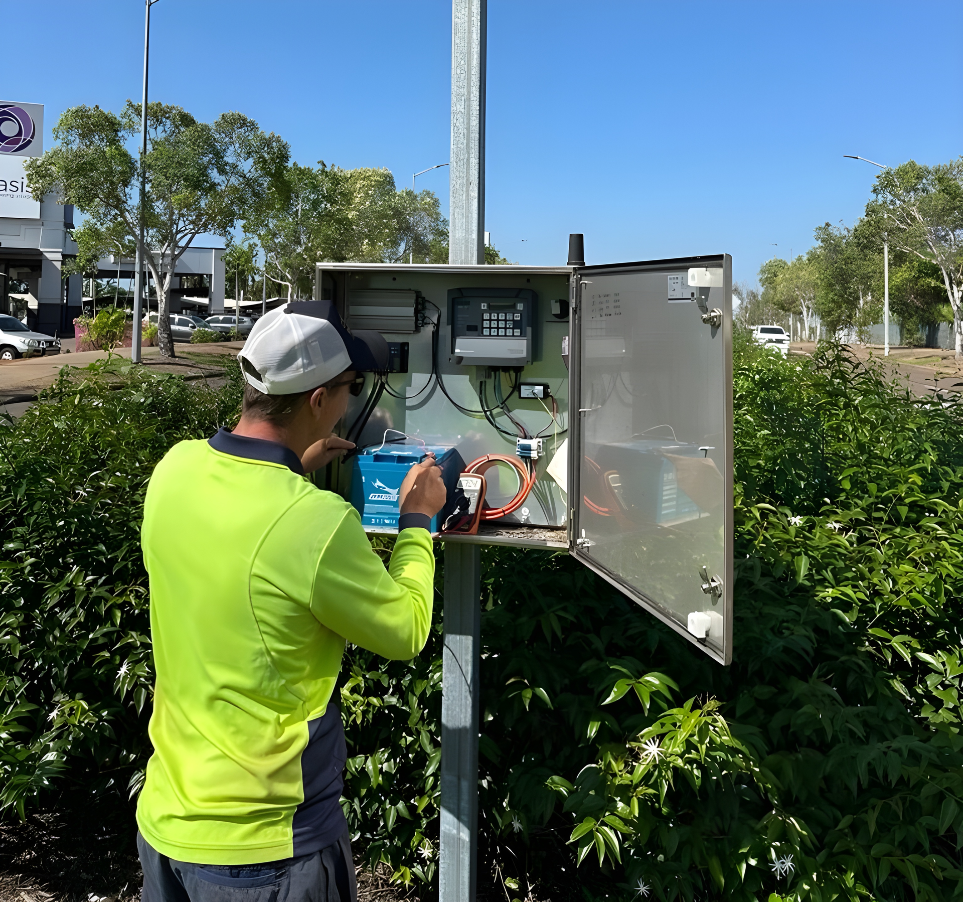 Man in safety vest works on electrical box mounted on pole outdoors. — iWater NT Pty Ltd in Yarrawonga, NT