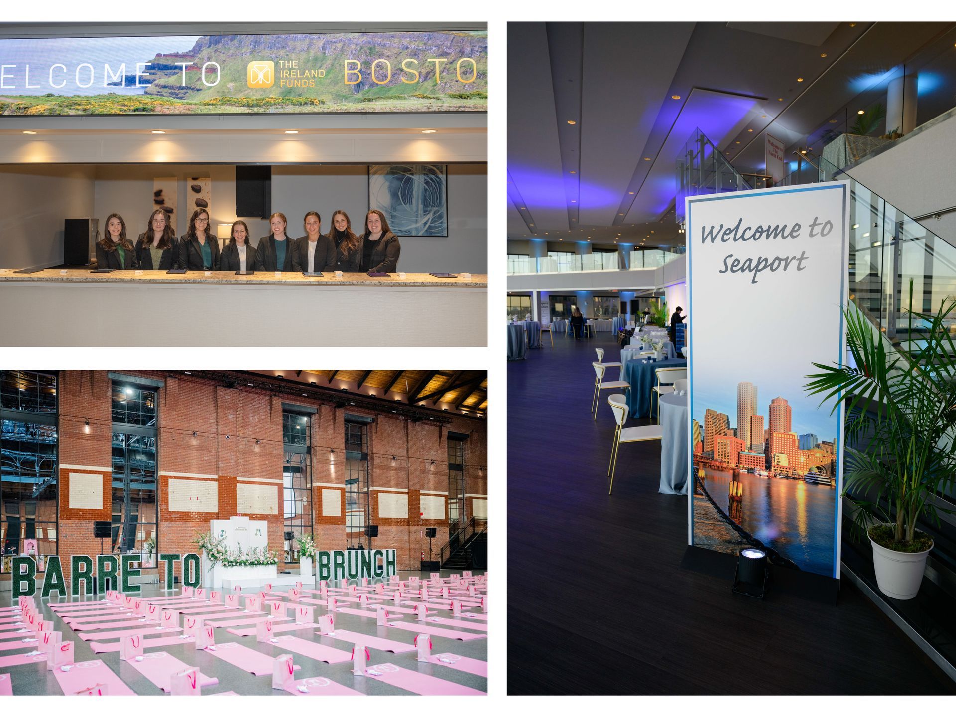 Three event venue scenes: welcome desk, banquet hall, and illuminated “Welcome to support” sign.