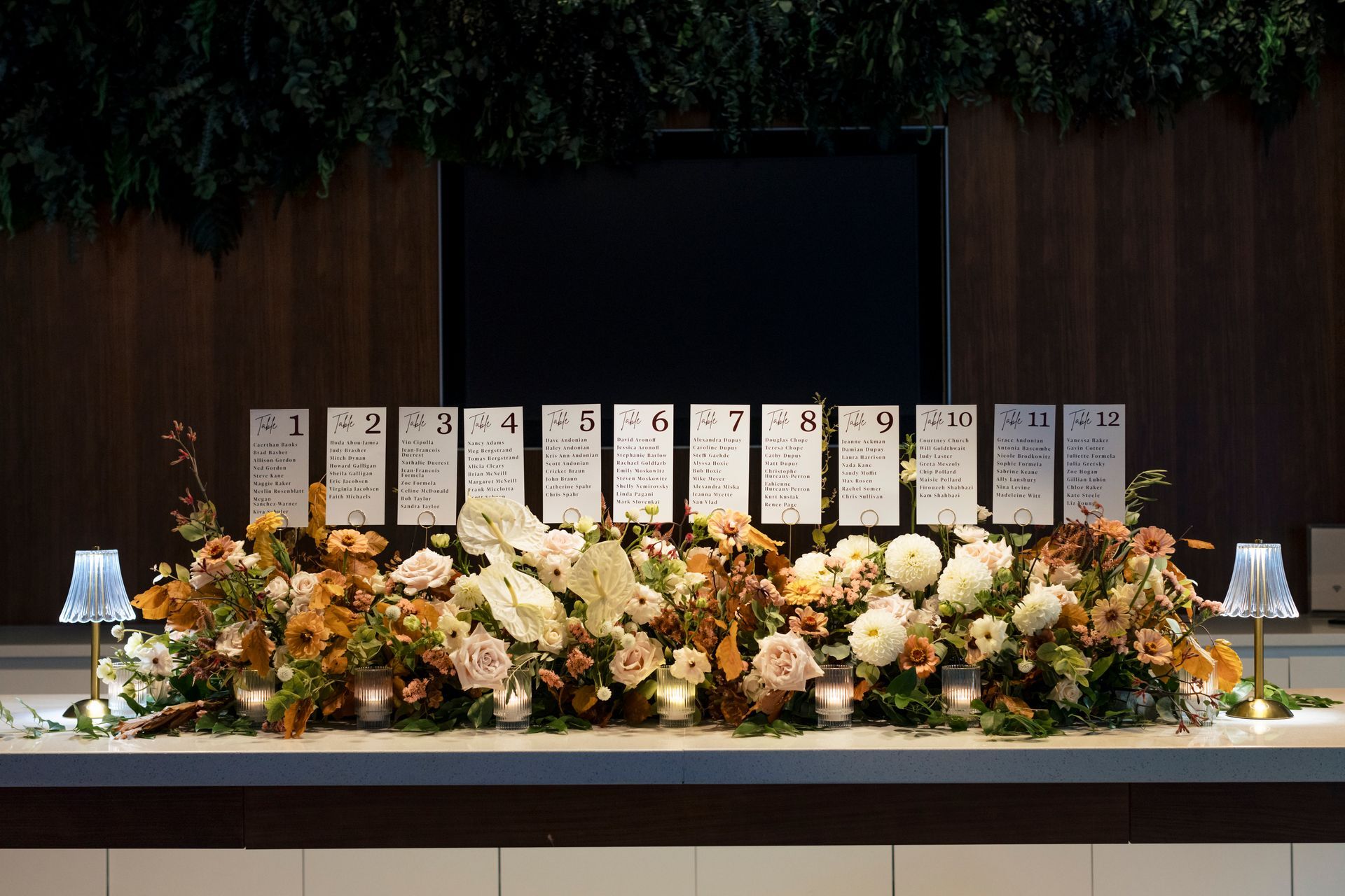 Wedding table seating chart with floral arrangement.