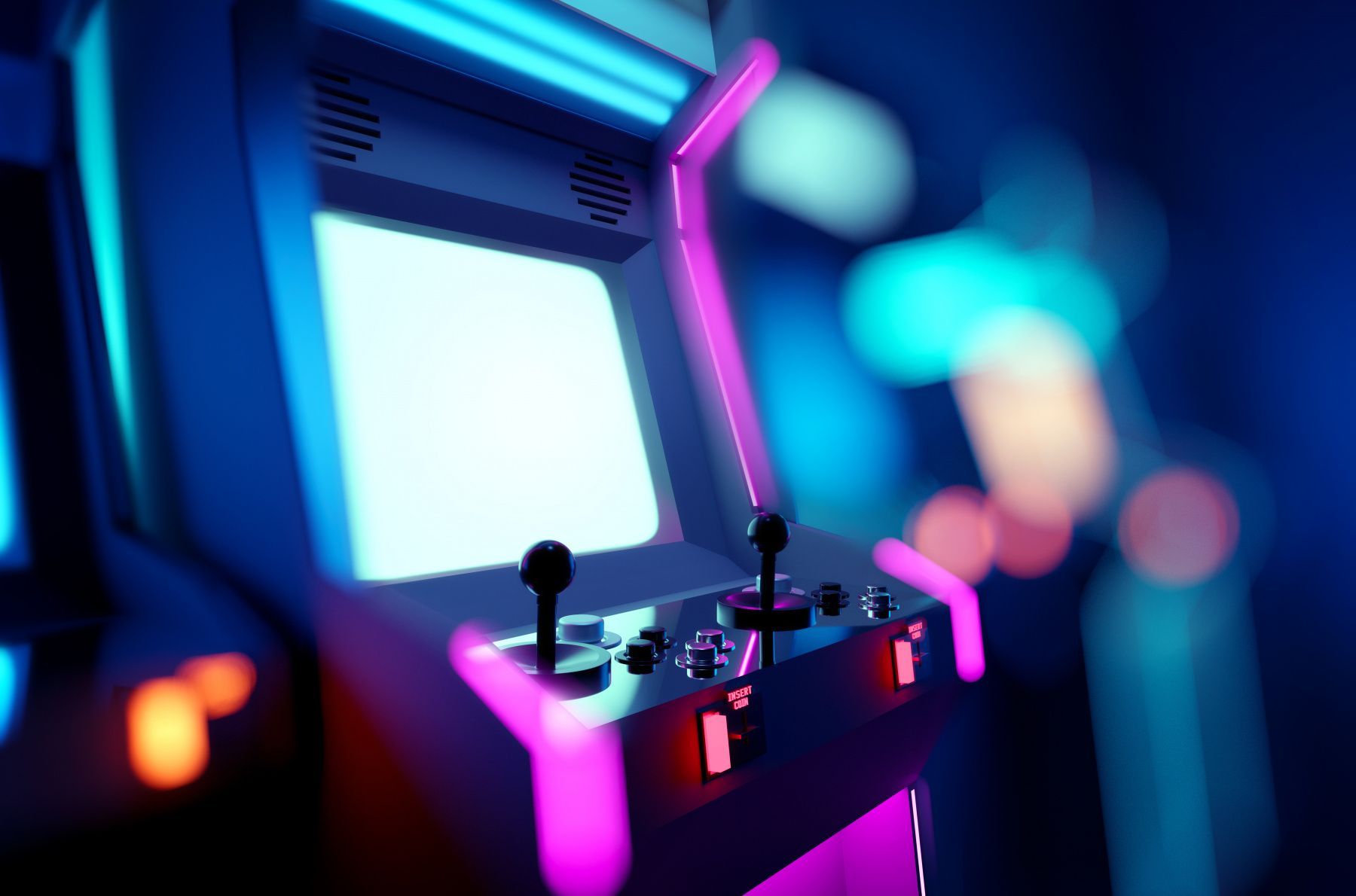 A close up of an arcade machine in a dark room.