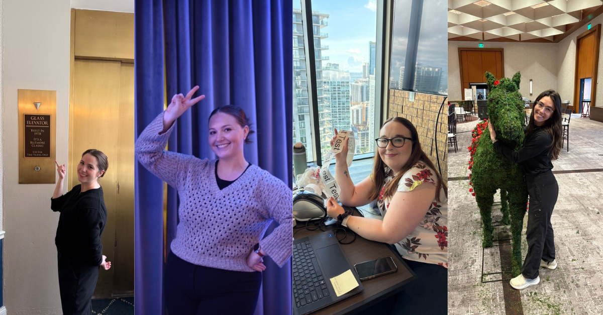 Four snapshots of a woman posing and waving in indoor spaces, including by a window, curtain, and lobby plant.
