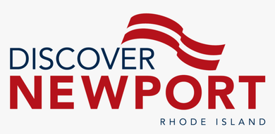 Logo: "Discover Newport" in red and blue with a waving red flag; "Rhode Island" at the bottom.