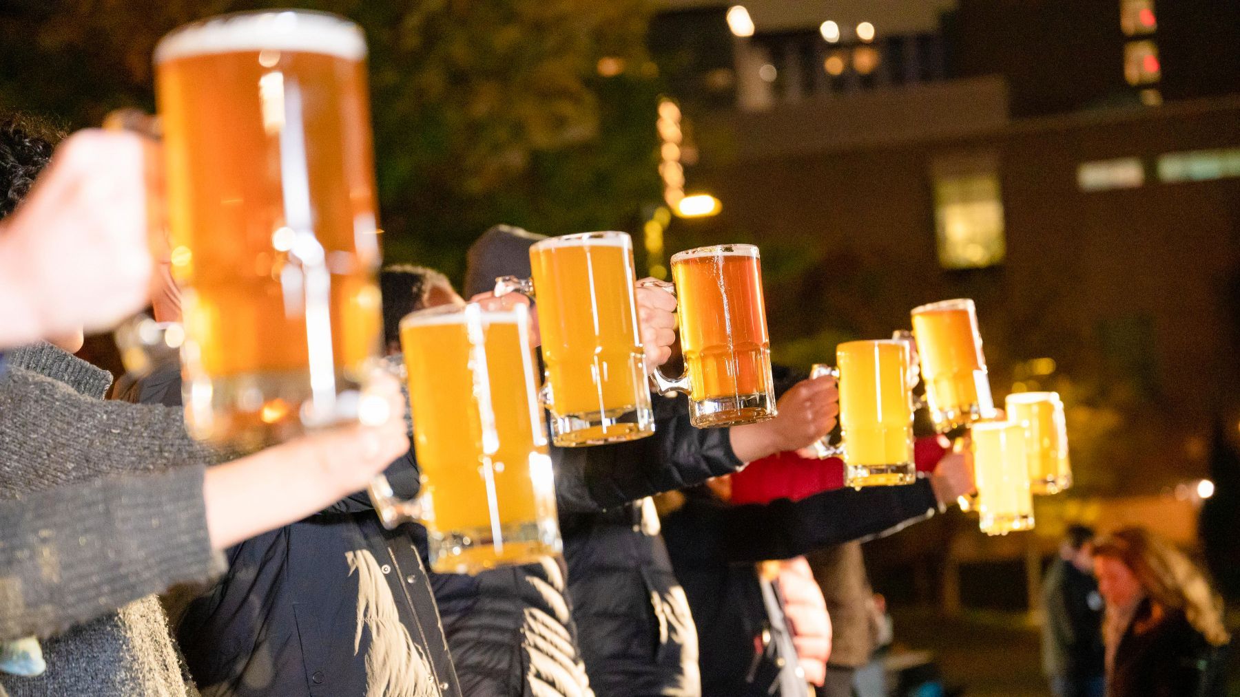 A group of people are toasting with beer mugs