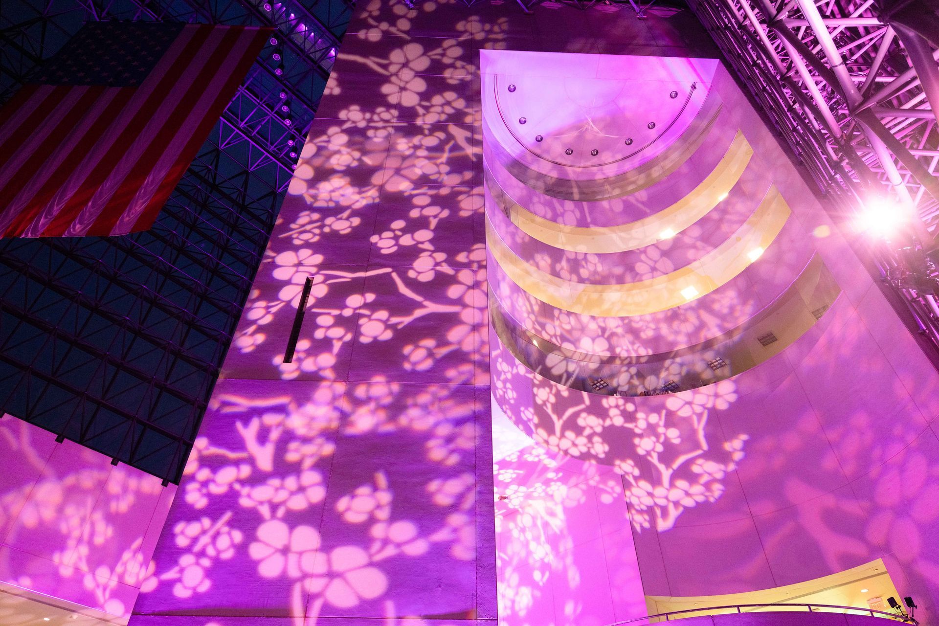 Pink-lit wall with floral projections. A gold crescent and a striped flag are also visible.