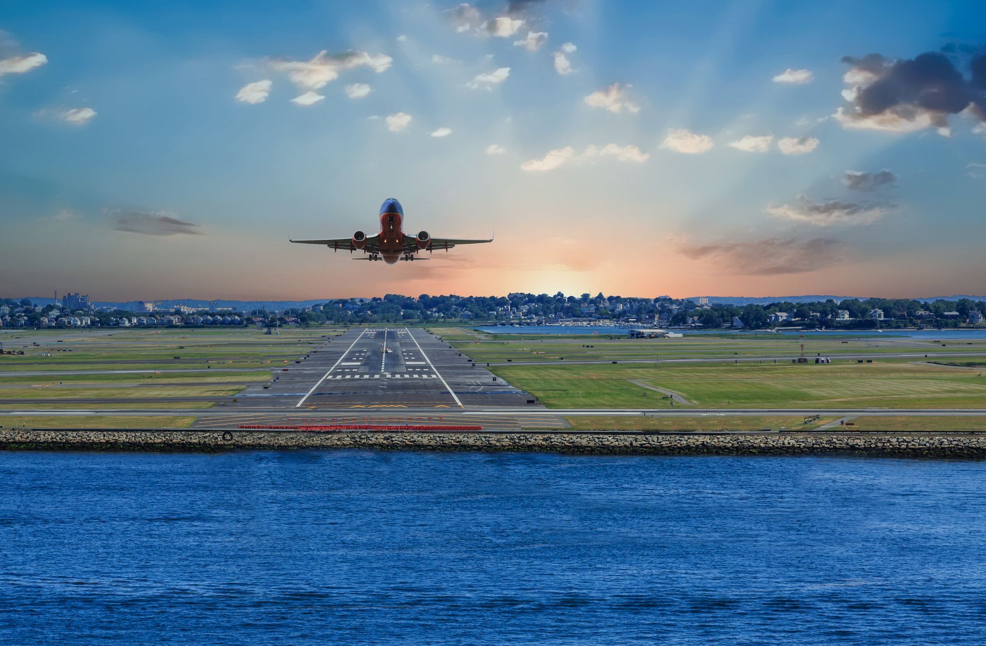 A plane is taking off from an airport runway over a body of water.