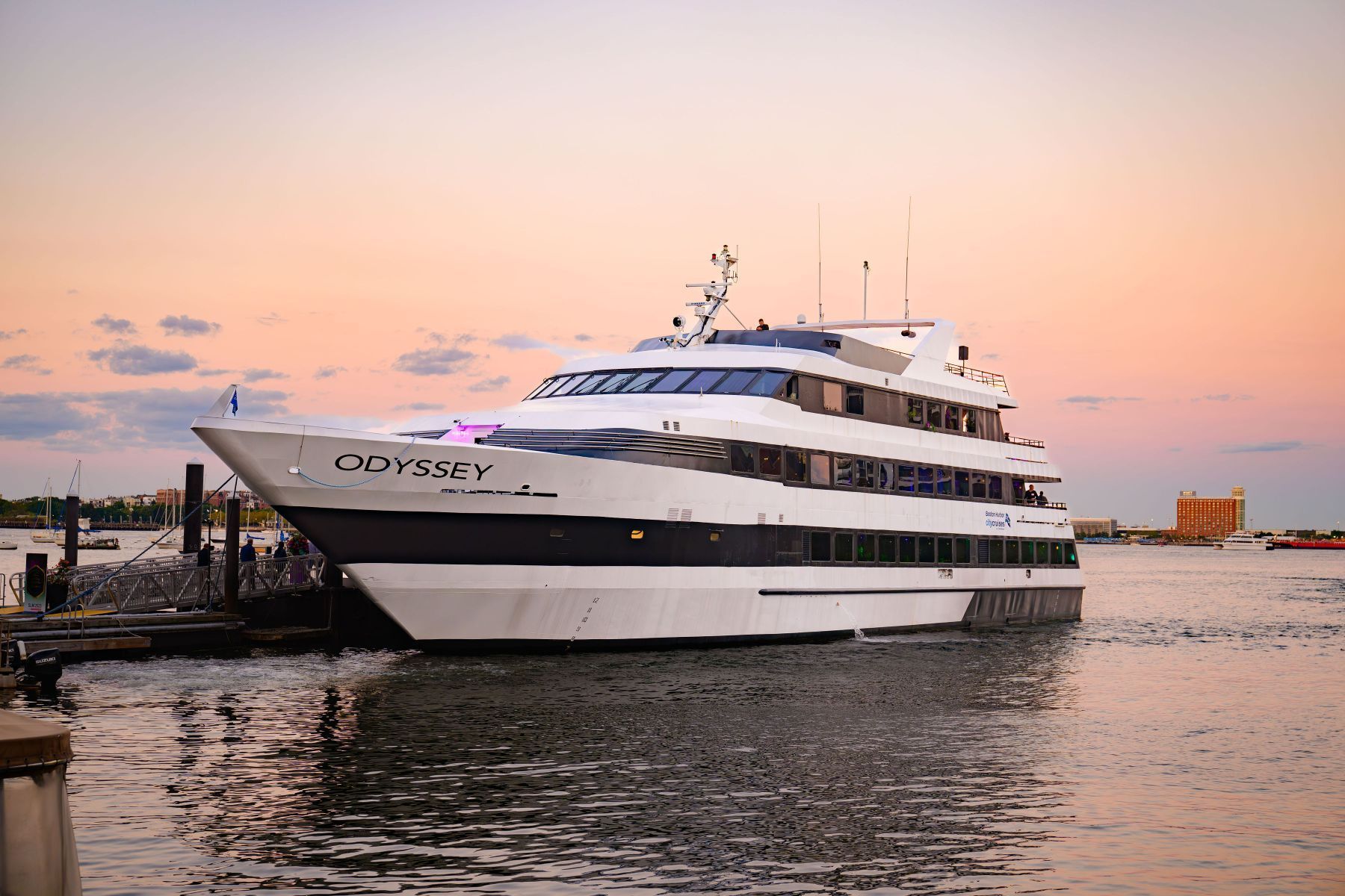 A large white yacht is docked at a dock in the water.