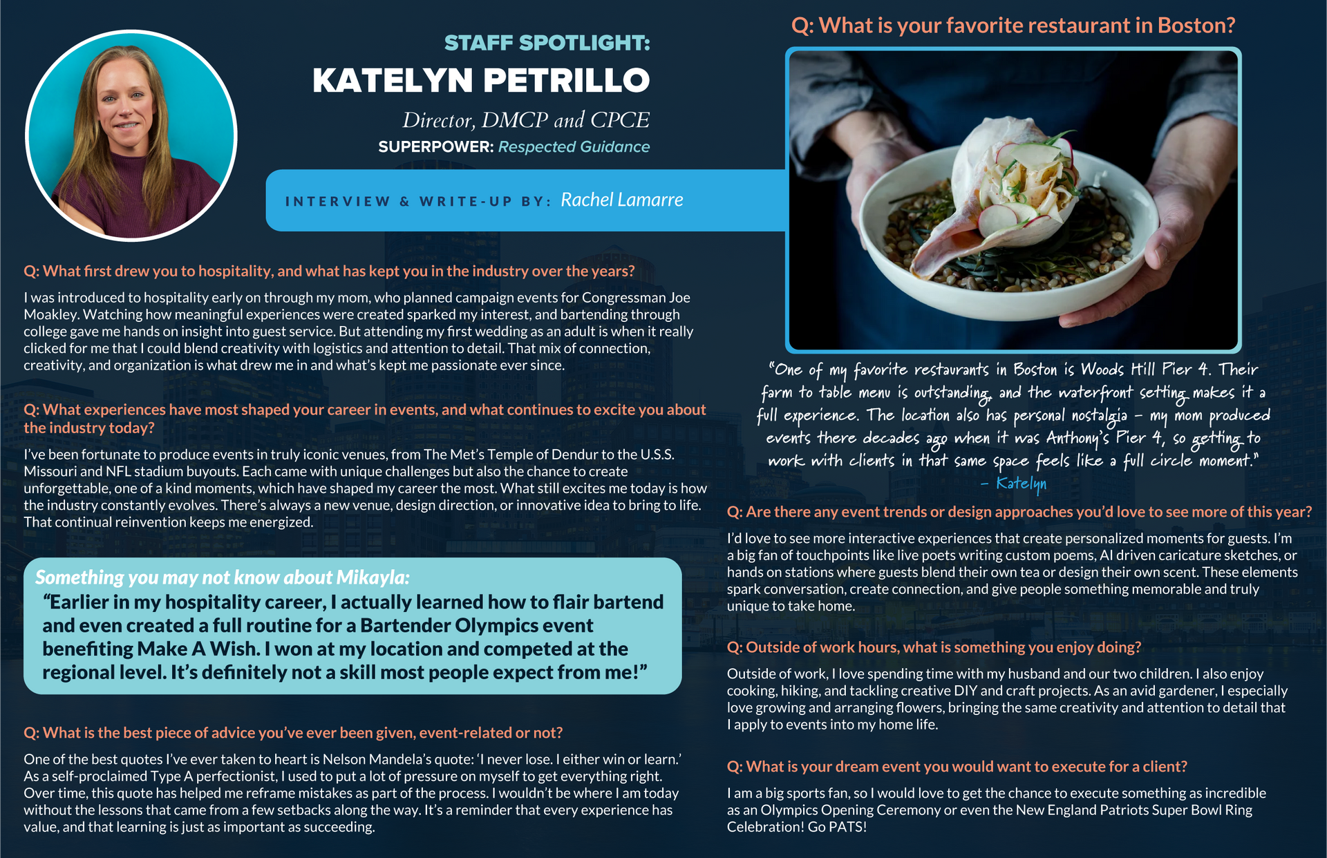 Staff spotlight of Katelyn Petrillo, a Community Engagement Coordinator; a person holding a bowl with food.