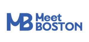 A blue logo for meet boston on a white background