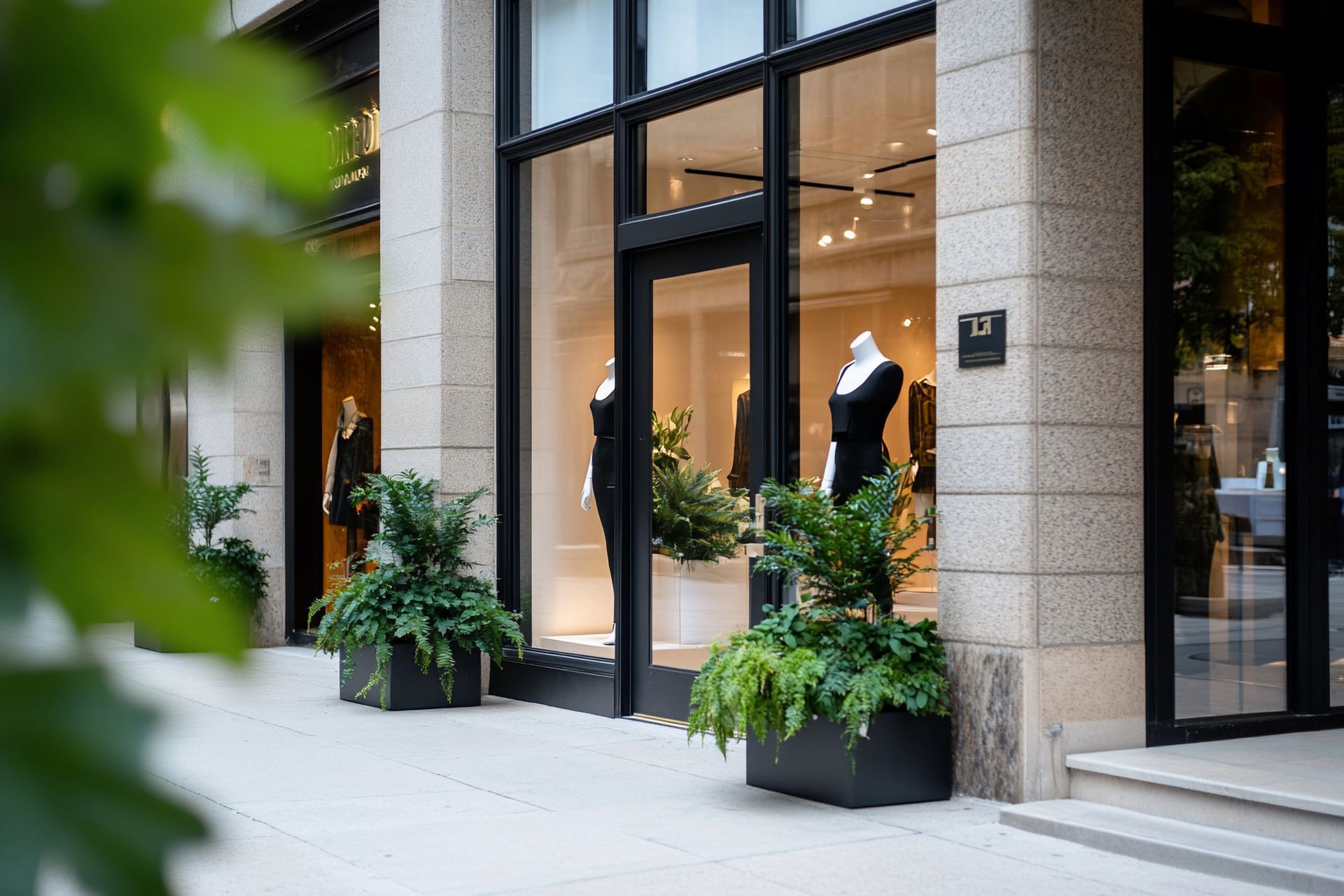 A glass store front with a lot of windows and plants in front of it.