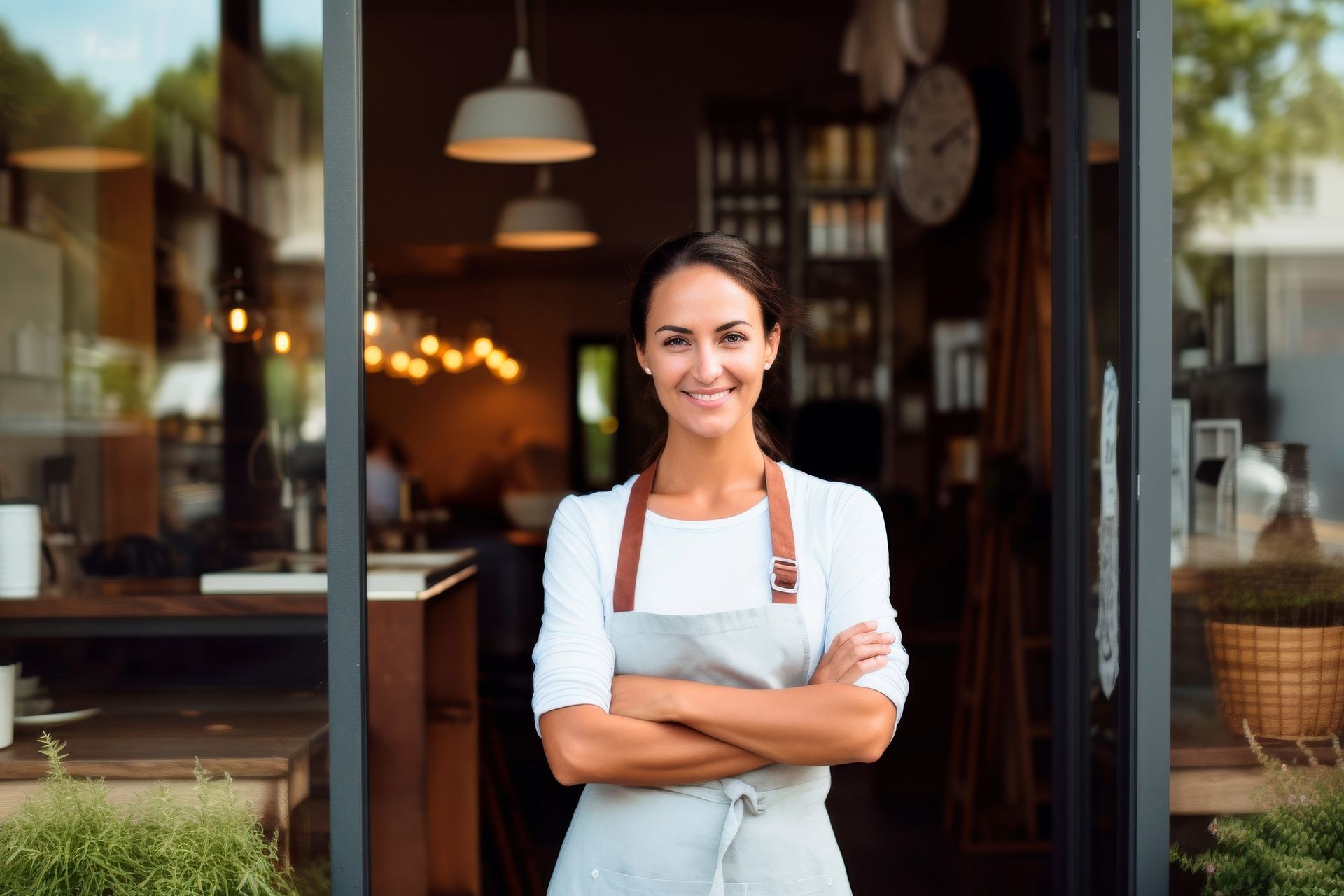 A woman in an apron is standing in front of a restaurant with her arms crossed.