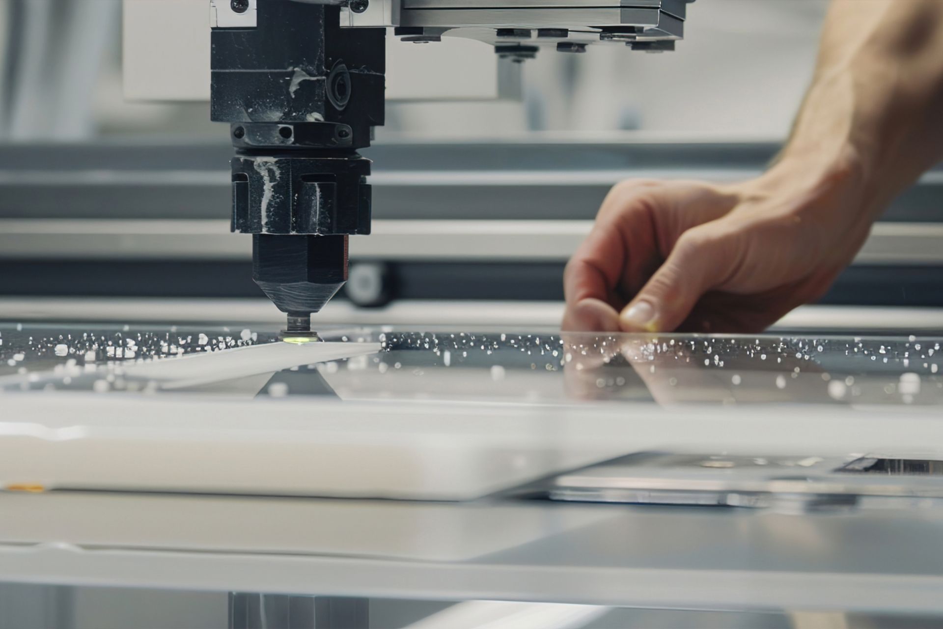 A person is using a machine to cut a piece of glass.