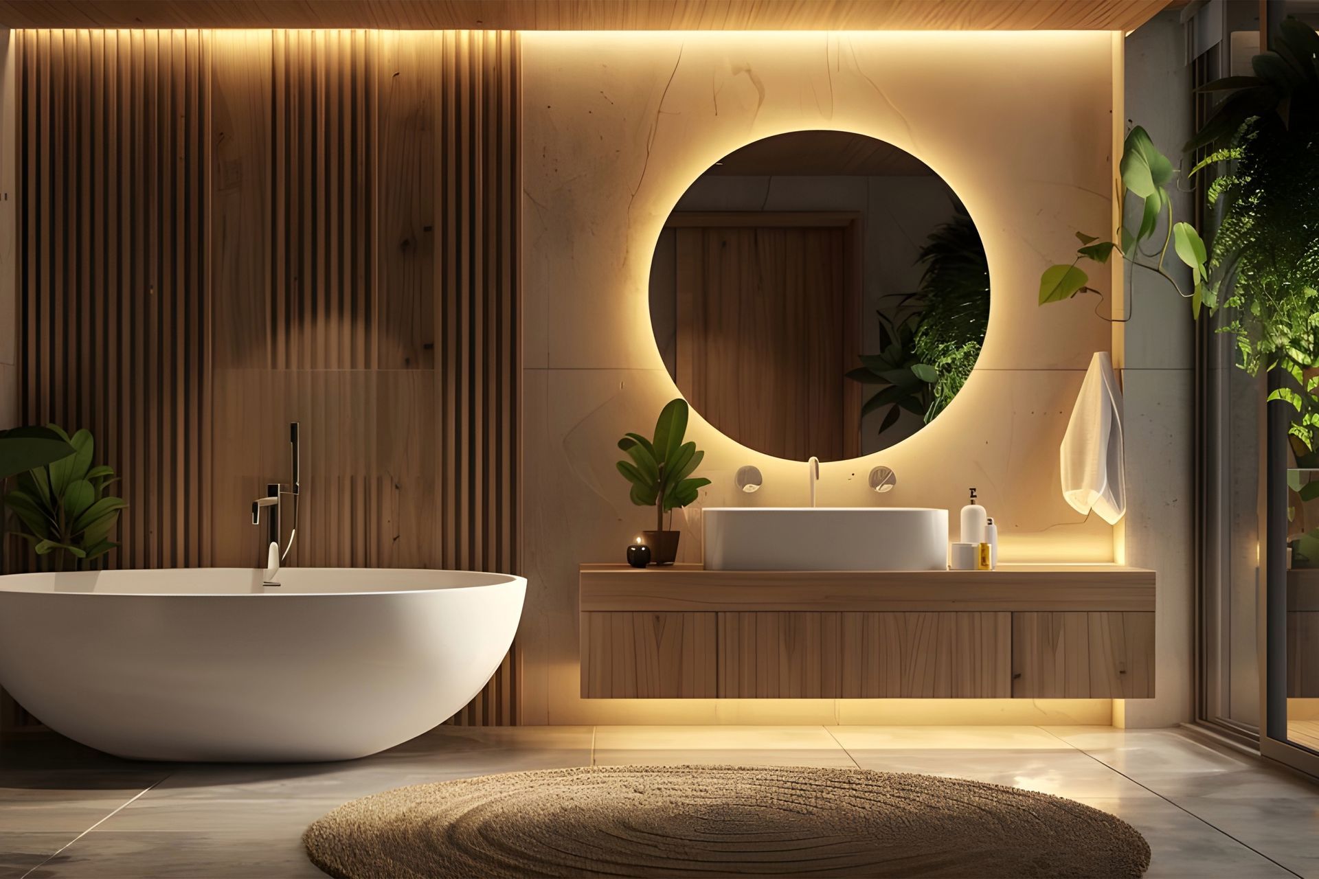 Bathroom with round glass mirror.