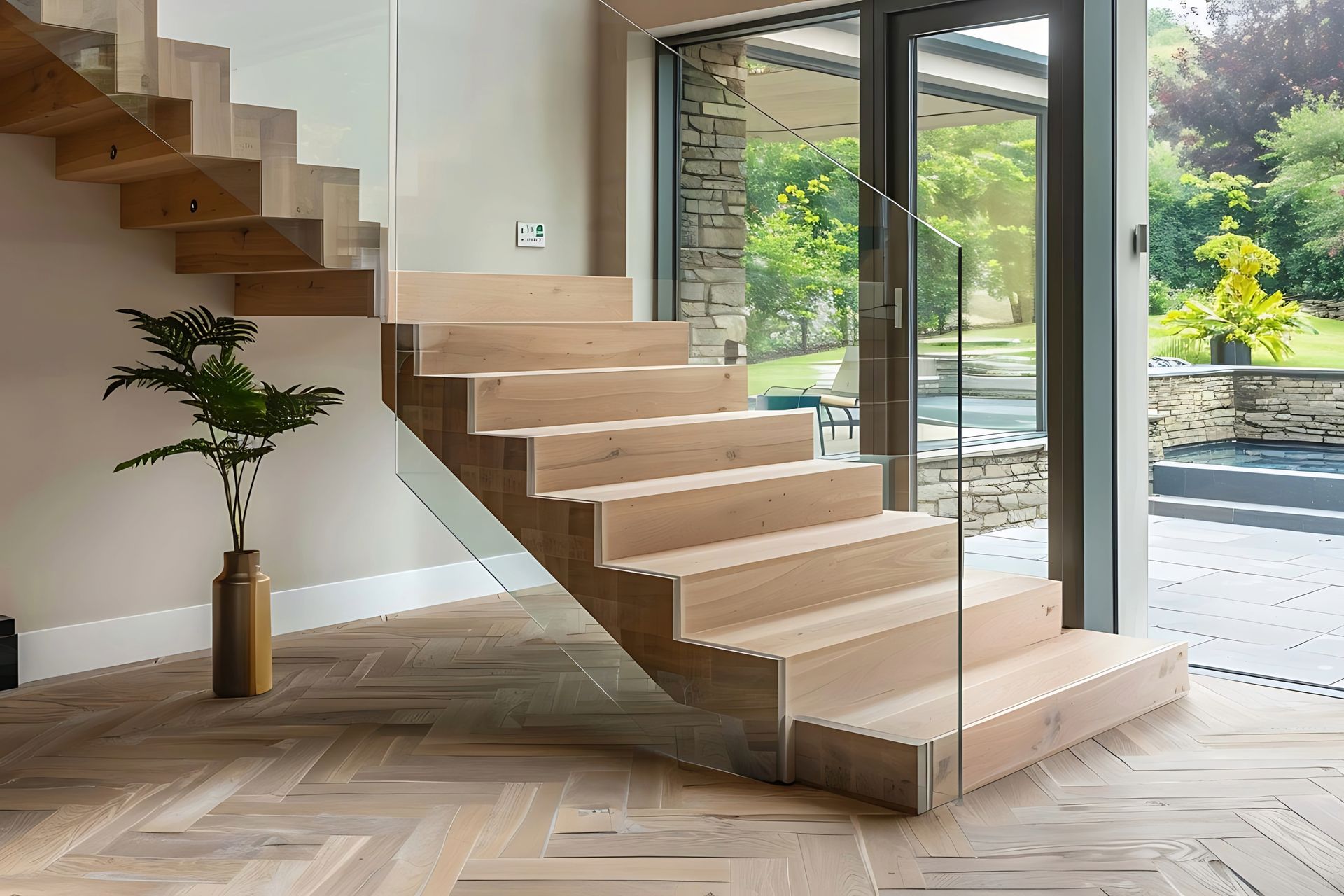 Stairs with toughened glass railings.