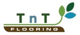 Logo for TnT Flooring featuring green and blue leaves and text.