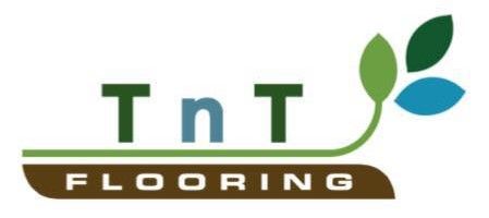 Logo for TnT Flooring featuring green and blue leaves and text.