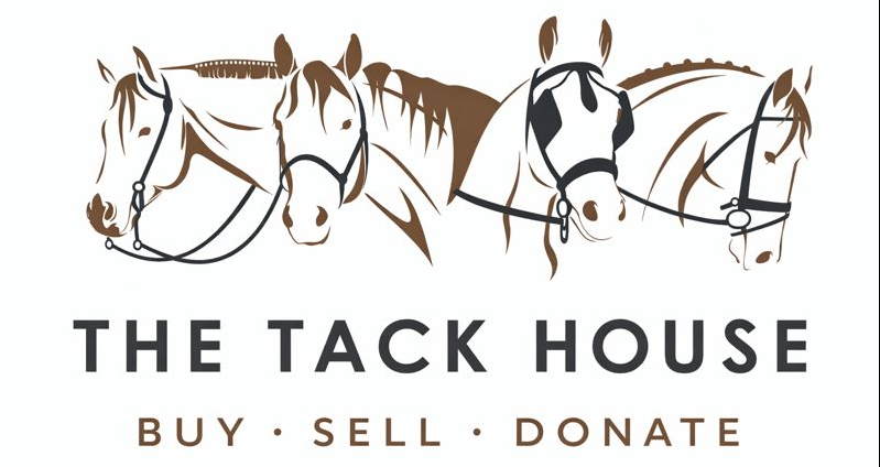 Four horse heads with bridles above text: "THE TACK HOUSE" and "BUY &middot; SELL &middot; DONATE."