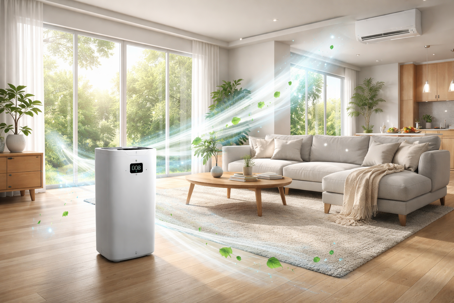Air purifier in a bright living room, emitting clean air. Sofa, rug, plants, and natural light.