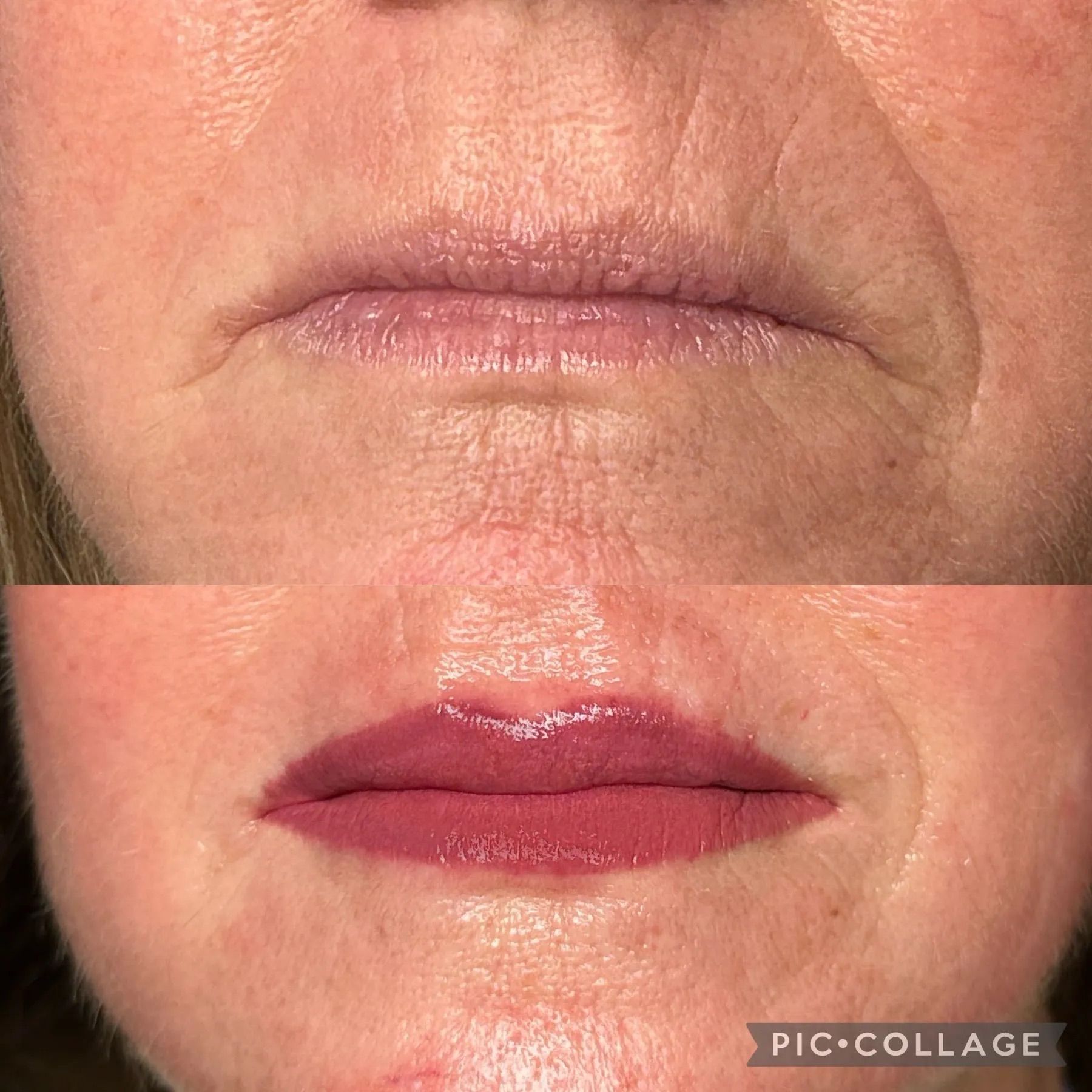 Before-and-after close-up of lips, showing natural lips above and fuller pink lipstick below