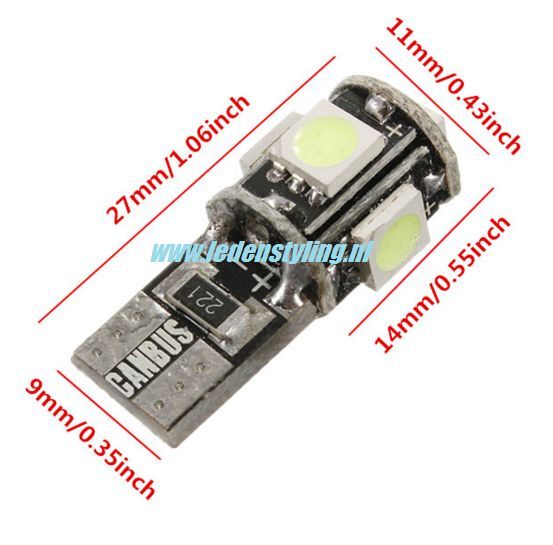 5 SMD CANBUS LED W5W T10 (Wit/Blauw/Geel/Rood/Groen)