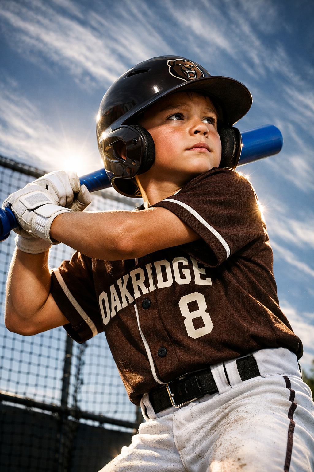 Young baseball player in brown uniform swinging a bat under a bright sky