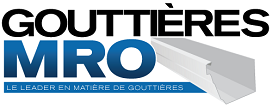 Logo pour Gouttières MRO, texte bleu et illustration d'une section de gouttière.
