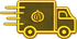 Icona di un camioncino giallo per le consegne con emblema di prodotti ortofrutticoli e linee di carico, contornato di nero.